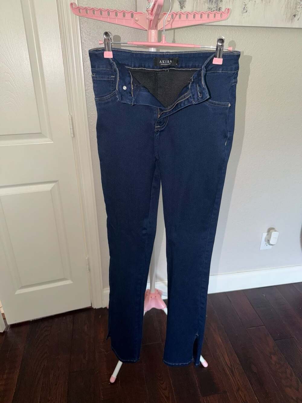 Tummy control Akira dark wash denim skinny jeans with front hem slits